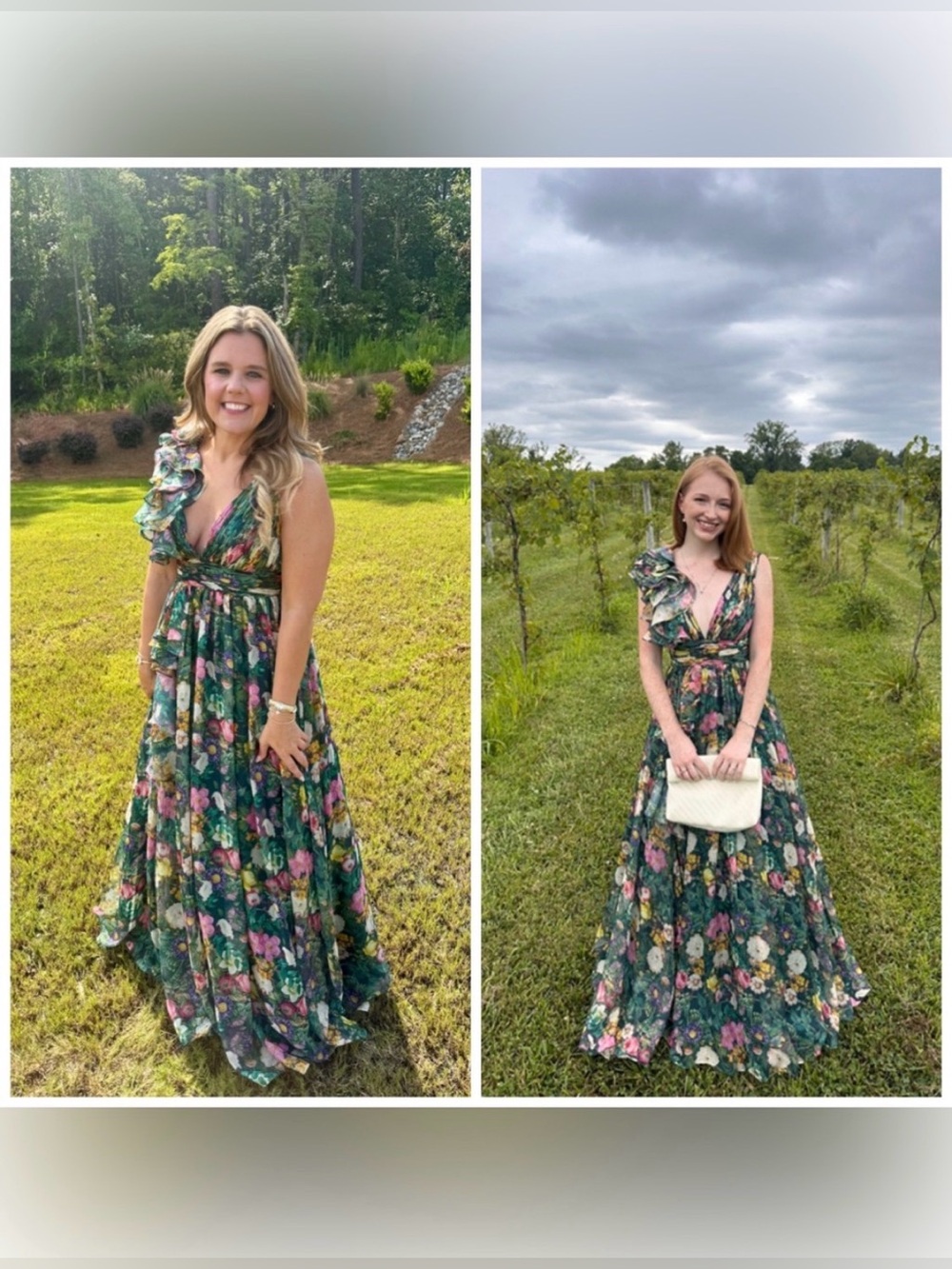Mac Duggal Green Sleeveless V Neck Floral Chiffon Ruffle Ball Gown Maxi Size 10